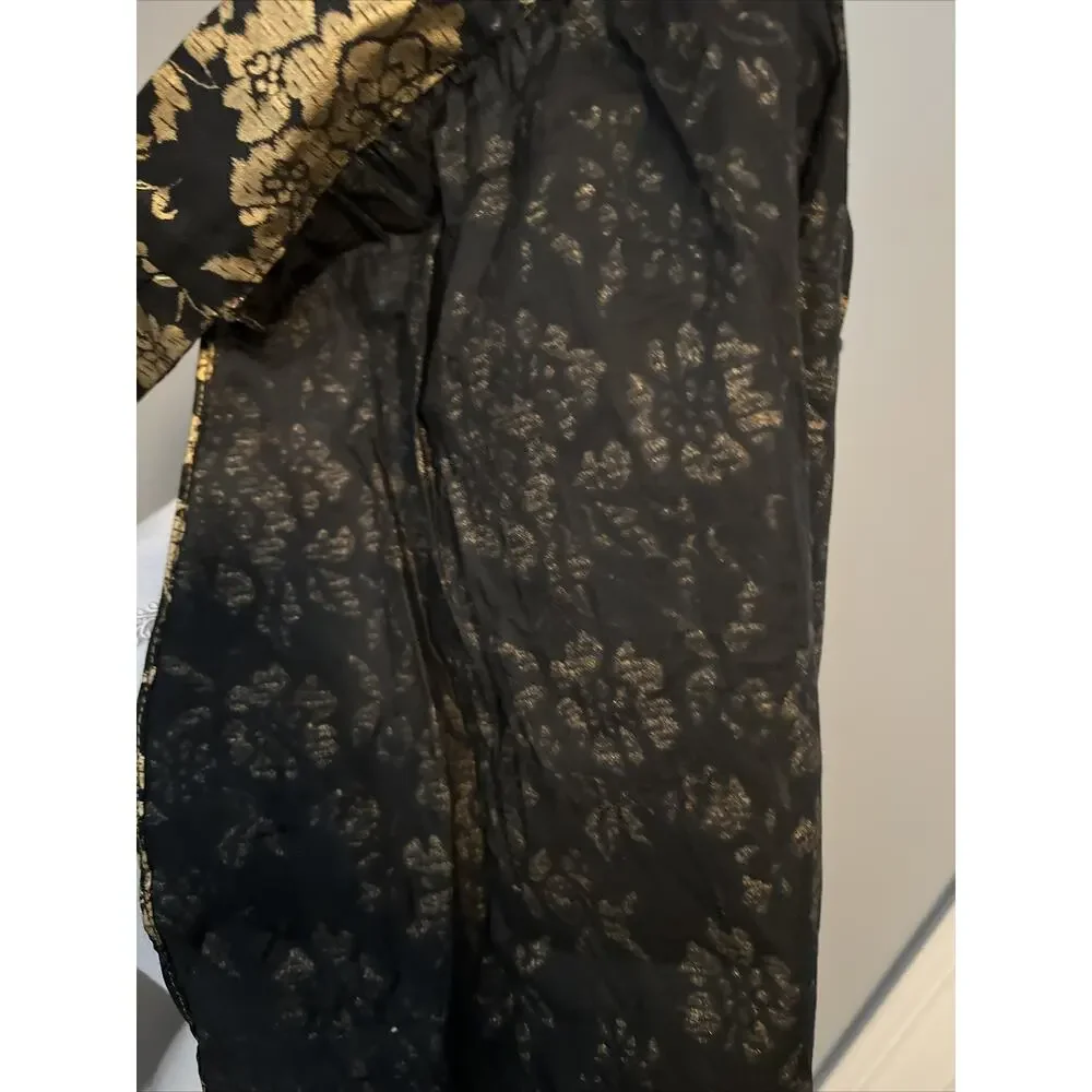 Vintage Half Apron Black & Metallic Gold Floral Tie Kitchen Retro 17